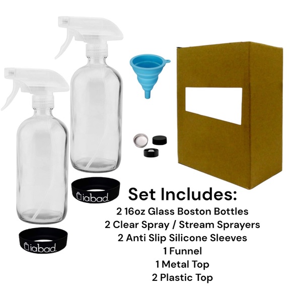 10pc Set: 2 500ml Boston Glass w/ Sprayer, Metal & Plastic Tops, Silicone Funnel - Picture 1 of 9
